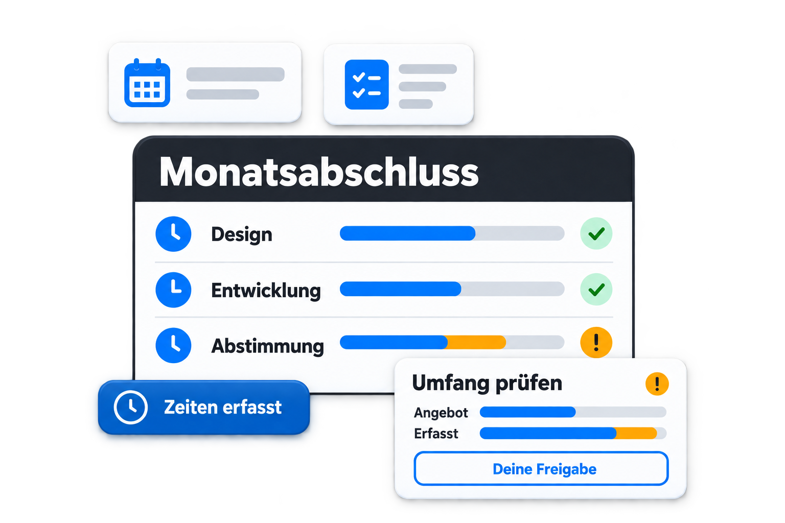 Erfasste Projektzeiten werden mit dem Angebotsumfang verglichen; Mehrleistungen sind vor der Freigabe markiert.