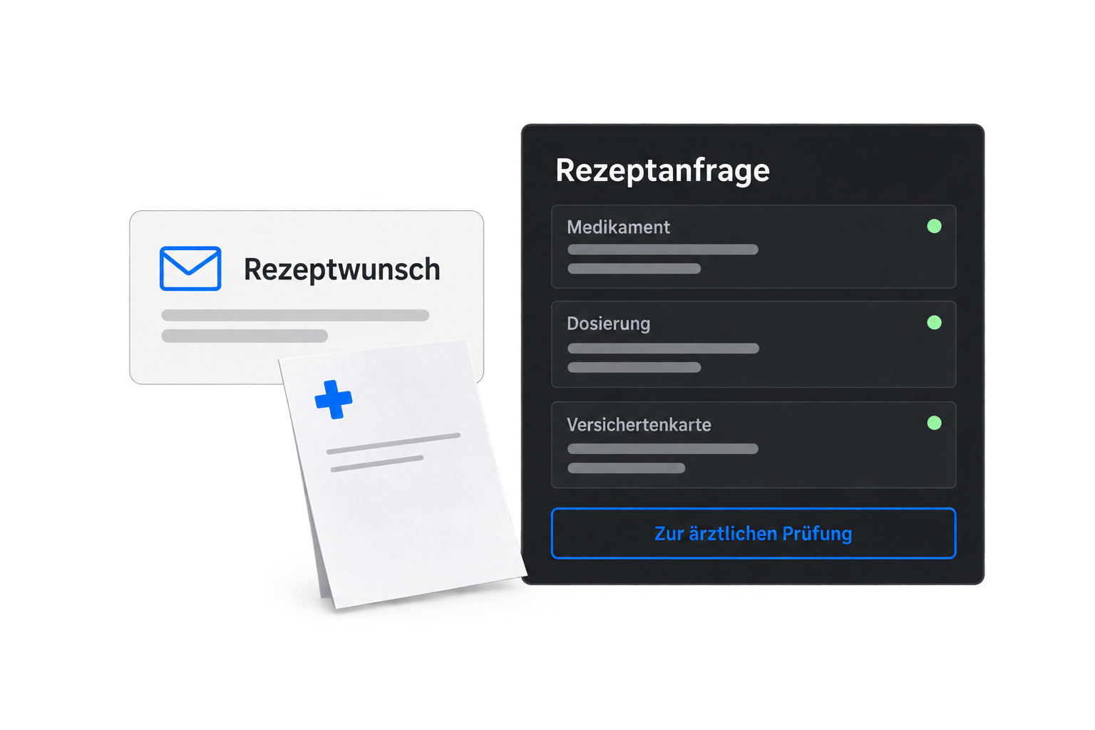 Rezeptwunsch mit ergänzten Angaben zu Medikament, Dosierung und Versichertenkarte zur ärztlichen Prüfung.