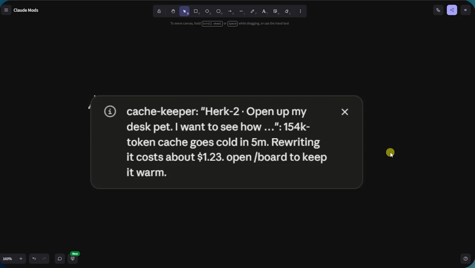 Hinweisfenster eines Mods: Der Cache eines Chats mit 154.000 Tokens läuft in fünf Minuten ab, ein Neuaufbau kostet etwa 1,23 Dollar