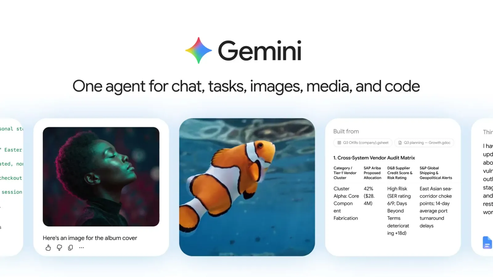 Gemini-Oberfläche mit Karten für Text, Code, Bilder und Tabellen unter der Zeile „One agent for chat, tasks, images, media, and code“