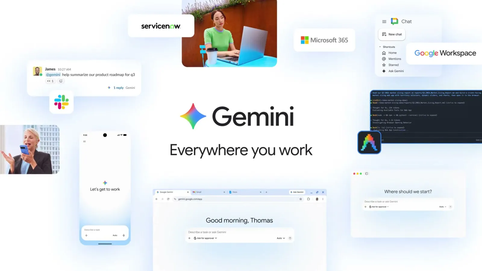Gemini auf Laptop, Handy und in Slack, Microsoft 365, ServiceNow und Google Workspace