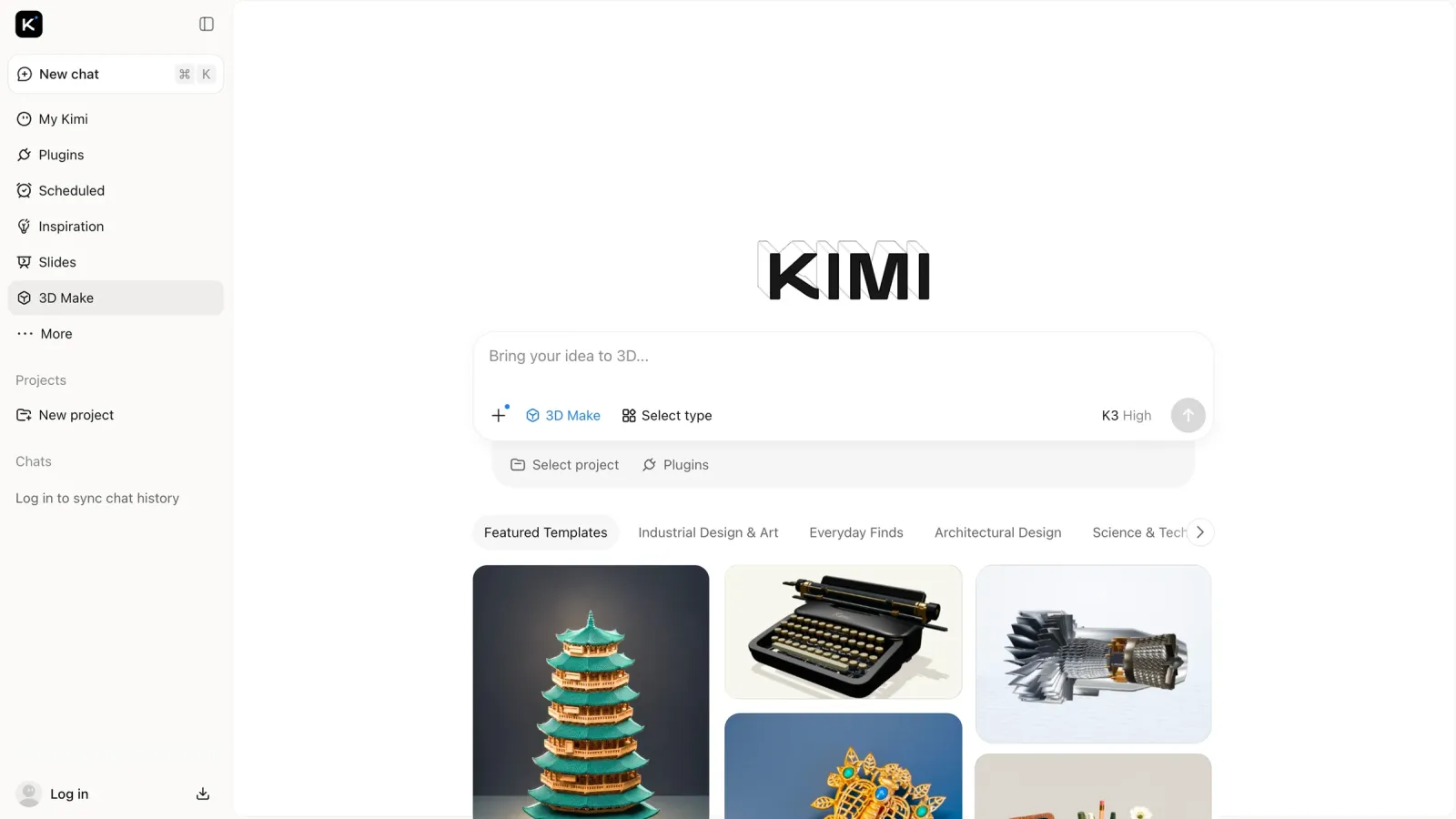 Oberfläche von Kimi 3D Make mit Eingabefeld und Vorlagen für eine Pagode, eine Schreibmaschine und ein Triebwerk