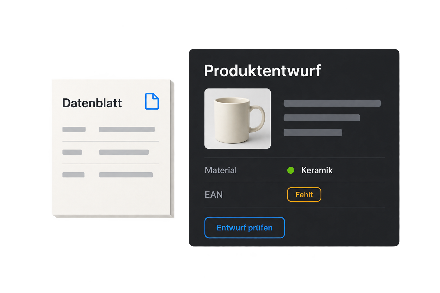 Herstellerdatenblatt neben einem Produktentwurf mit Keramikbecher und markierter fehlender EAN.