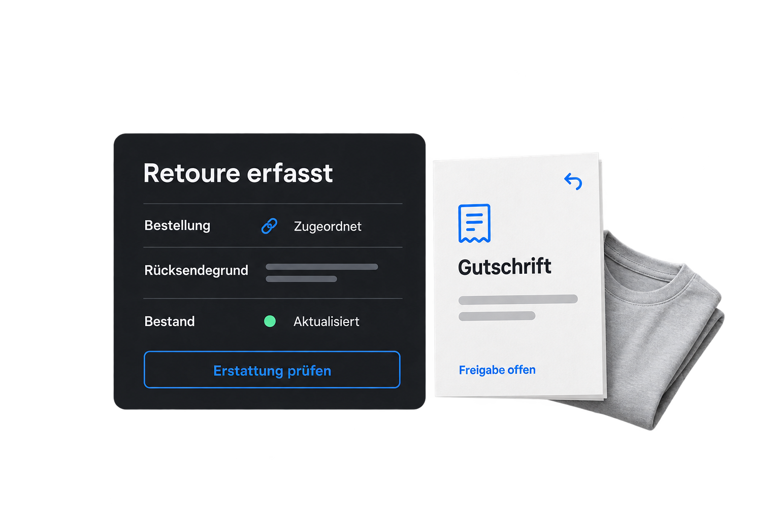 Erfasste Retoure mit aktualisiertem Bestand und vorbereiteter Gutschrift zur Freigabe.
