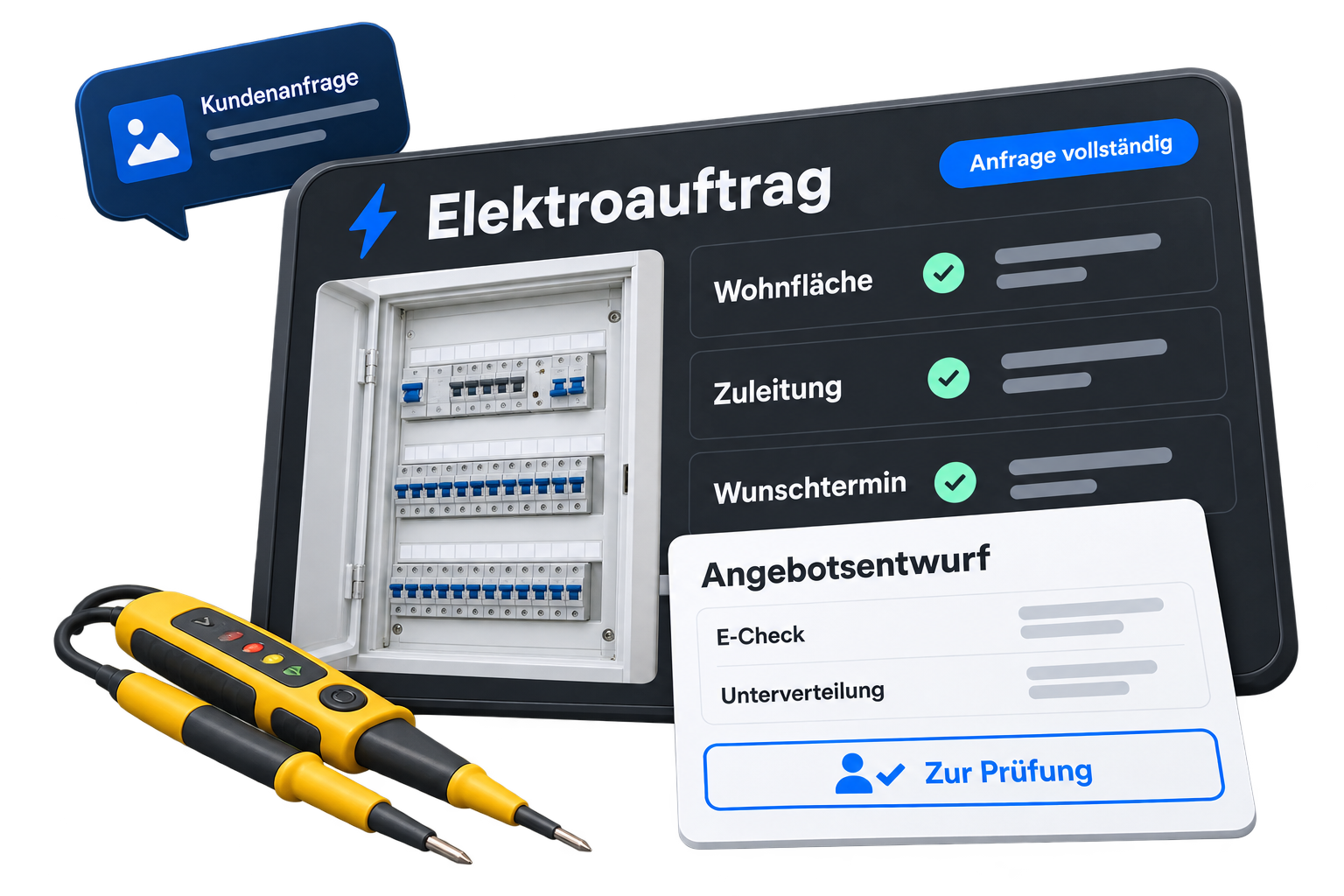 Digitale Elektro-Projektakte mit Sicherungskasten-Foto, vollständigen Auftragsdaten und Angebotsentwurf zur Prüfung.