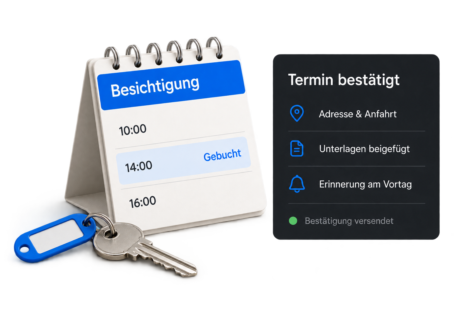 Gebuchter Besichtigungstermin mit Bestätigung, Anfahrt, Unterlagen und Erinnerung am Vortag.