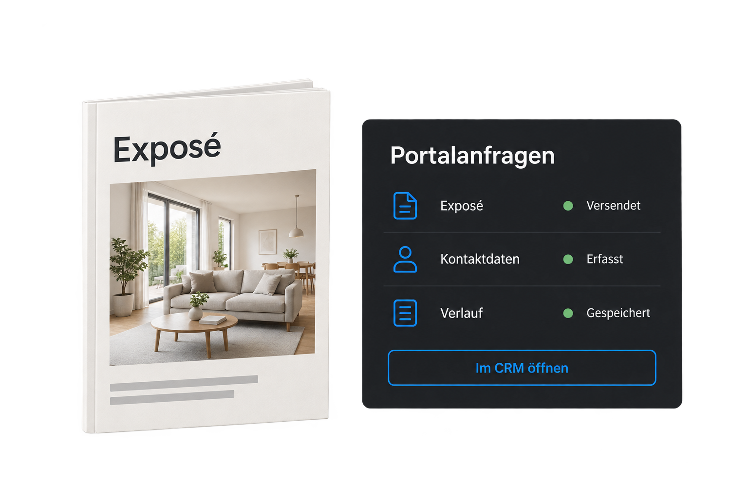 Exposé einer Wohnung und erfasste Portalanfragen mit versendeten Unterlagen und gespeichertem Kontaktverlauf.