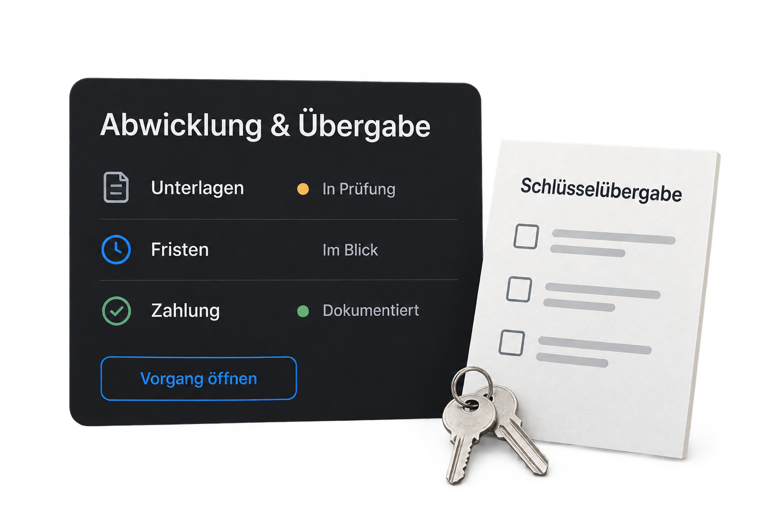 Vorgangsübersicht für Unterlagen, Fristen und dokumentierte Zahlung neben der Checkliste zur Schlüsselübergabe.