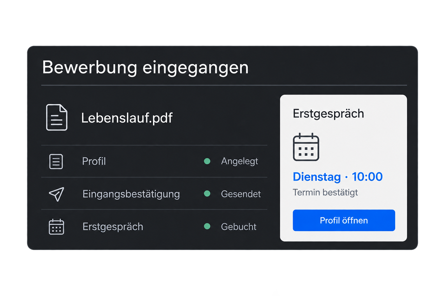 Aus dem Lebenslauf entsteht ein Bewerberprofil mit Eingangsbestätigung und gebuchtem Erstgespräch.